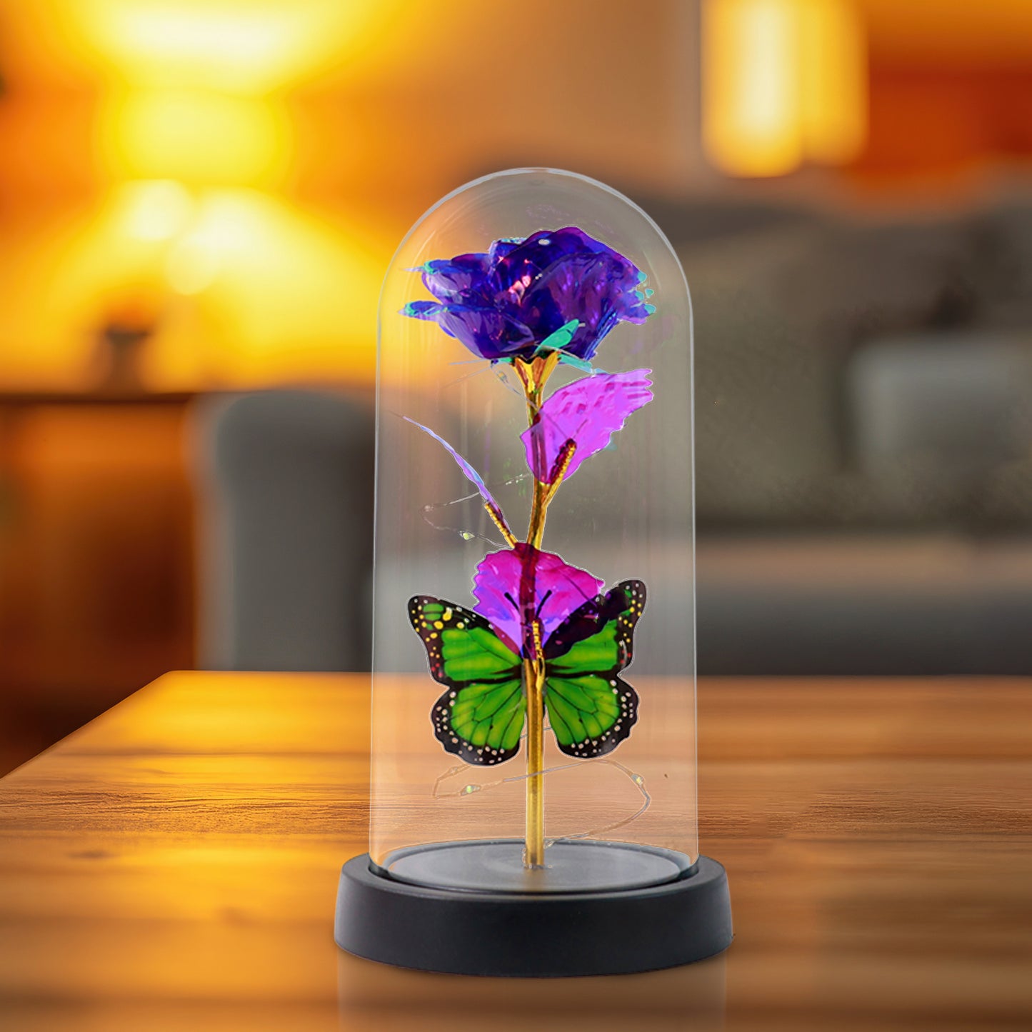 Led Preserved Rose With Colorful Butterfly In Plastic Dome (1 Pc  Mix Color) - Happy Price - Image 3