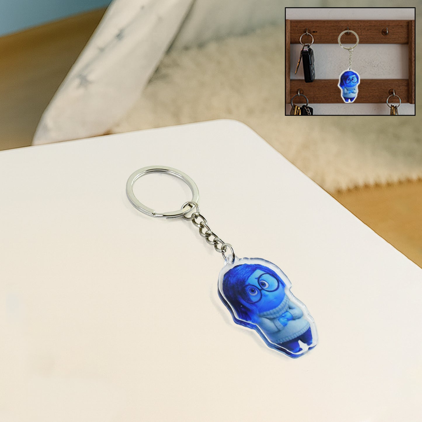 Animated Character Acrylic Keychain - Blue Figure with Metal Ring (1 Pc)