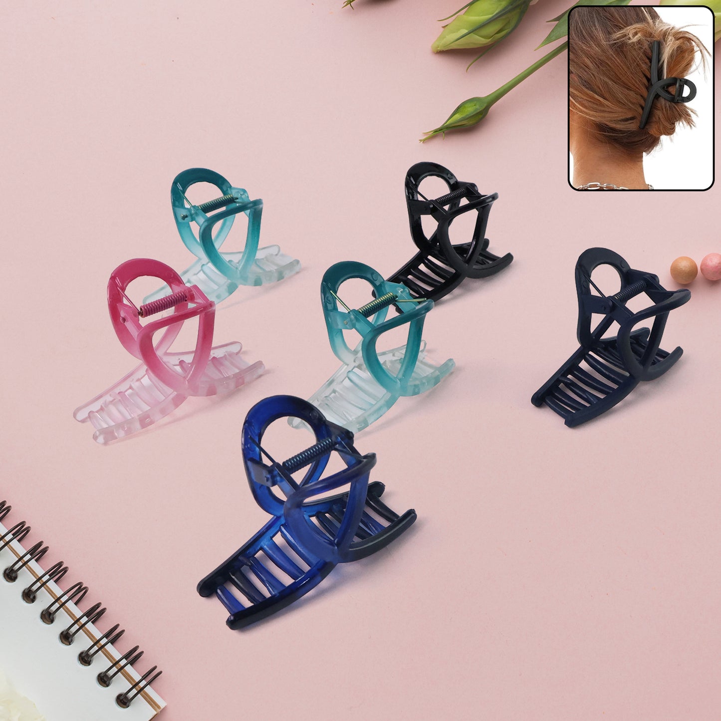 12 Pc Matte Finish Plastic Hair Clamps - Assorted Designs for Women