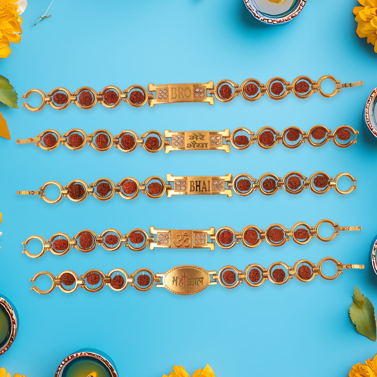 Gold Plated Designer Circular Bead Bracelet Rakhi For Brother (Mix Design  1 Pc) - Happy Price - Image 3