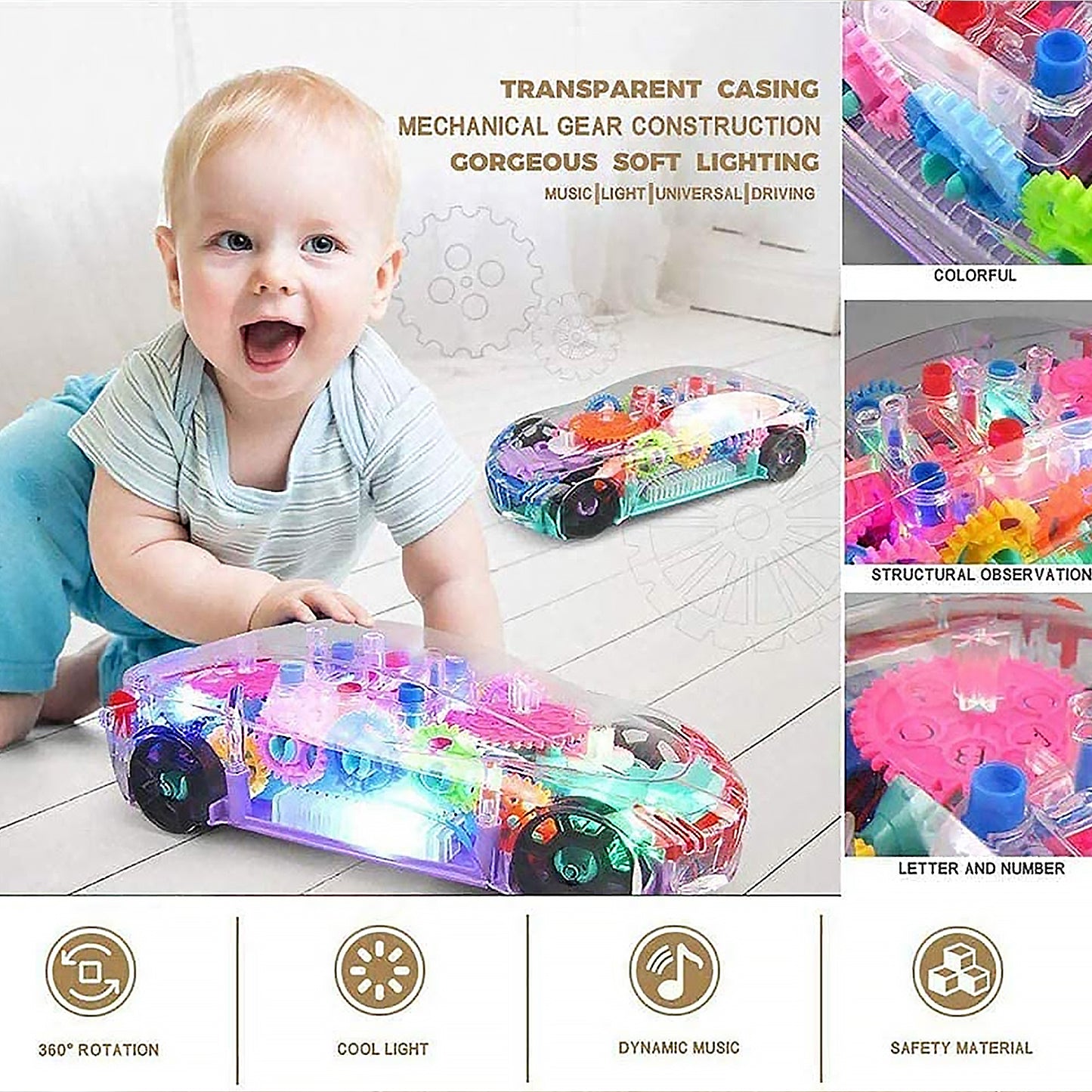 Automatic 360 Degree Rotating Transparent Gear Concept Car With Musical And 3d Flashing Lights Toy For Kids Boys  Girls (Multicolor  Battery Not Included) - Happy Price - Image 7