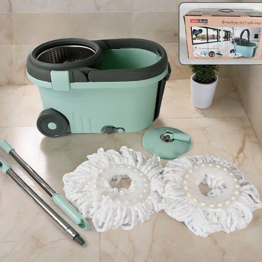 Ganesh Quick Spin Mop Steel Spin Bucket Floor Cleaning Easy Wheels  Big Bucket Floor Cleaning Mop With Bucket 2 Micro Fiber Head  Refill - Happy Price - Image 1