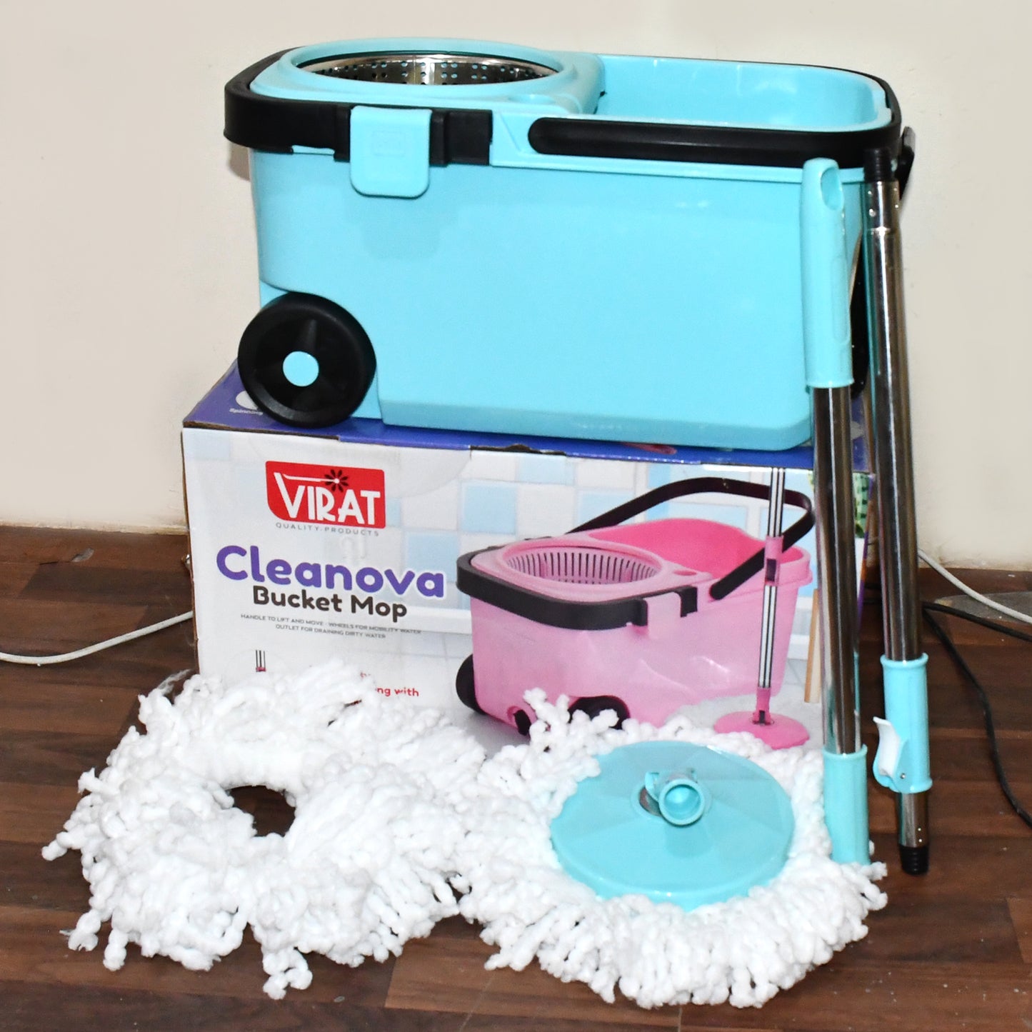 360 Spin Mop with 2 Super Absorbent Microfiber Heads & Wheels Bucket