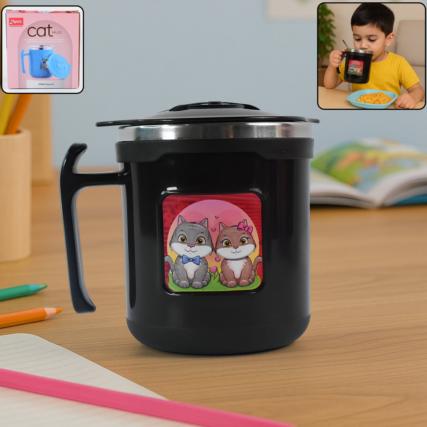1 Pc Apex Cat Mug  250 Ml Stainless Steel Insulated Inner With Cute Cat Print - Happy Price - Image 2