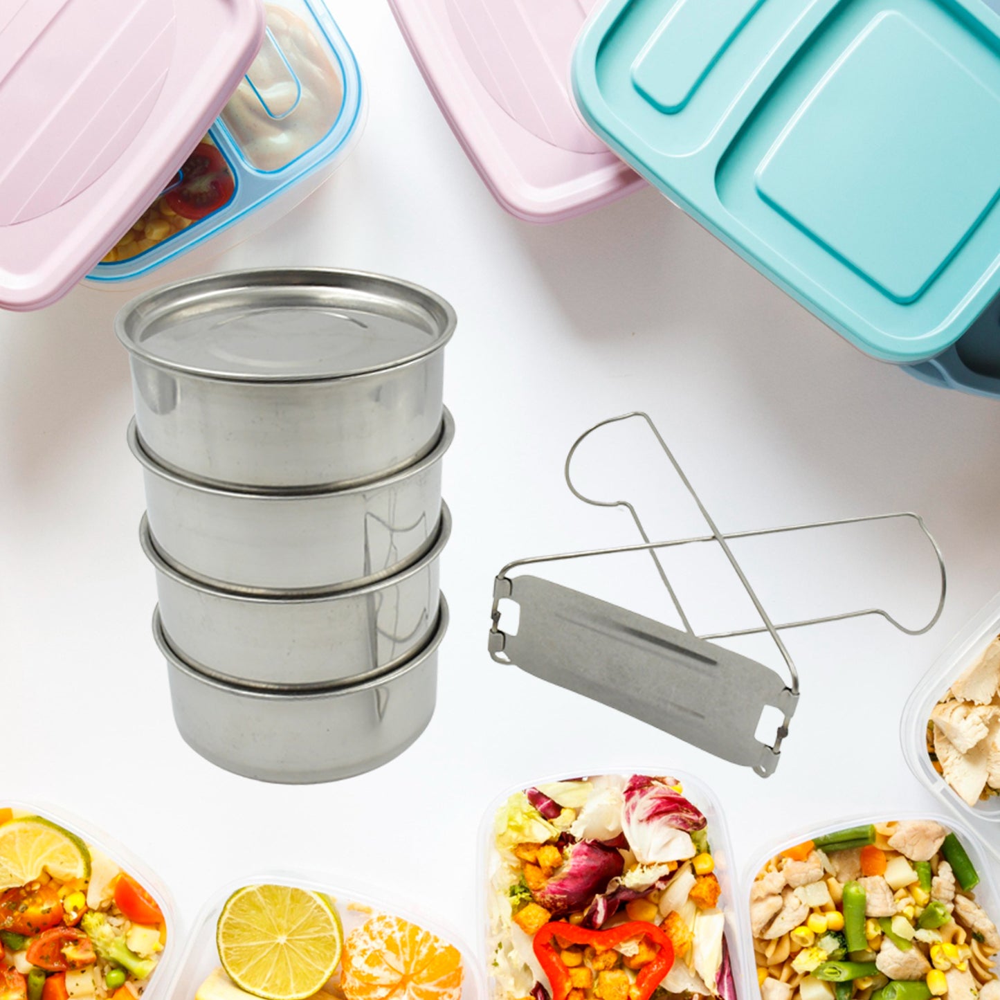 Double Wall Insulated Stainless Steel Tiffin 4 Compartment Lunch Box With Handle Stackable Stainless Steel Lunch Box  Bpa Free  Leakproofdabba For Office Home Shool Hot Outer Plastic Tiffin Box Set (1 Pc 4 Compartment) - Happy Price - Image 5