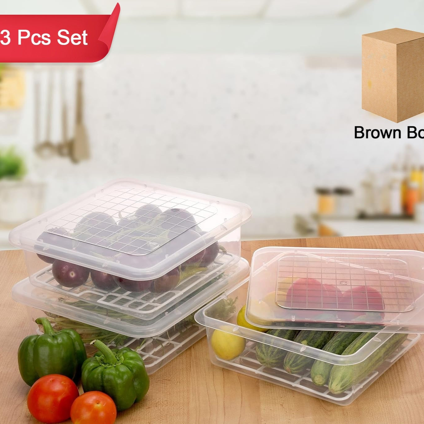 Plastic Food Storage Containers With Removable Drain Tray And Lid (3 Pcs Set) - Happy Price - Image 1