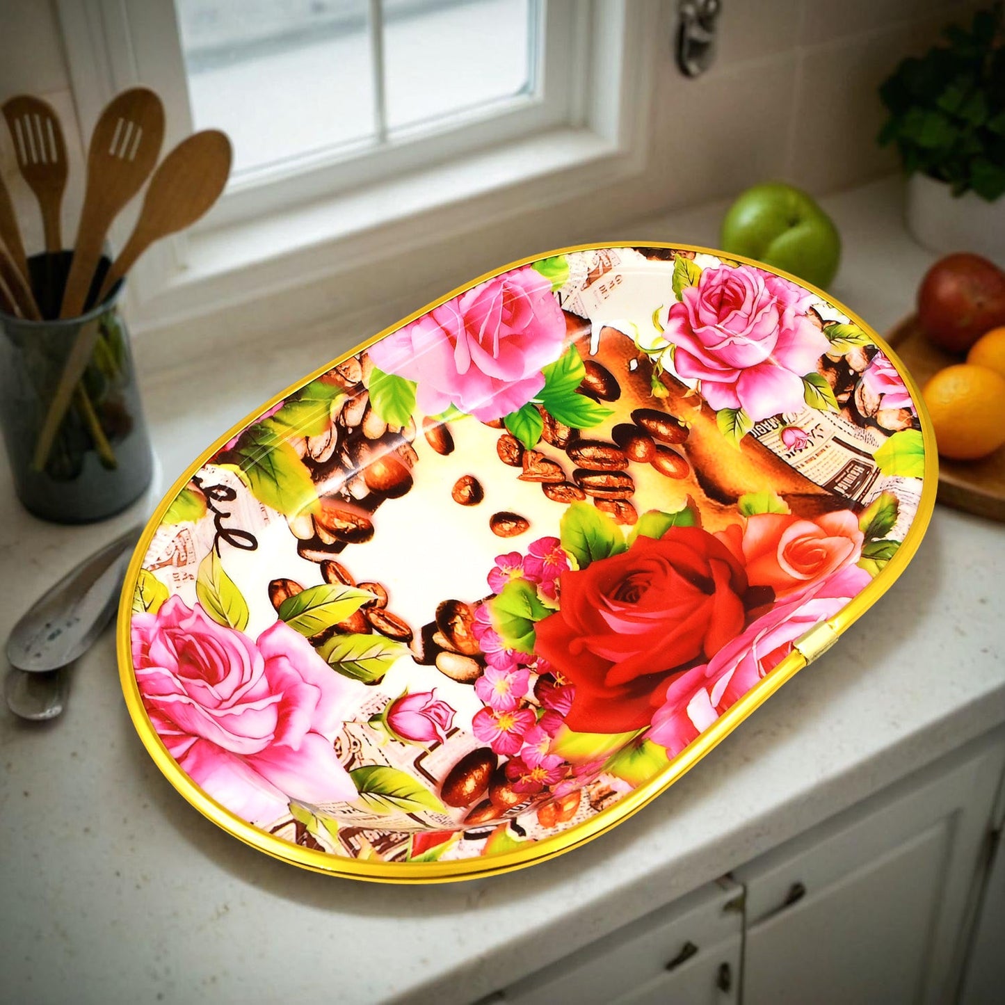 Small Plastic Flower Printed Design Serving Tray (1 Pc  27 X 18 Cm) - Happy Price - Image 2