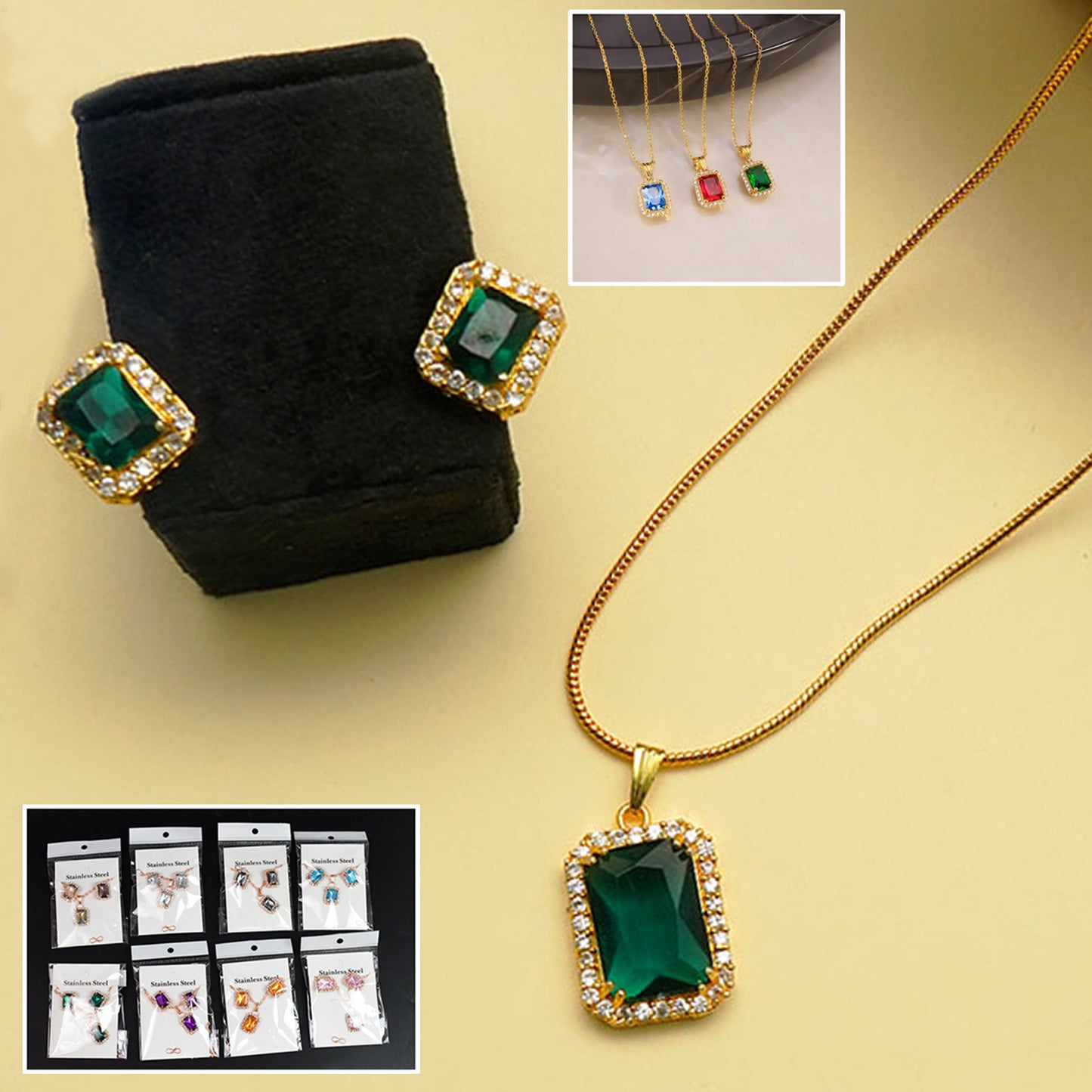 Stone Pendant Necklace Chain Set With Earrings (1 Set  Mix Color  Design) - Happy Price - Image 2