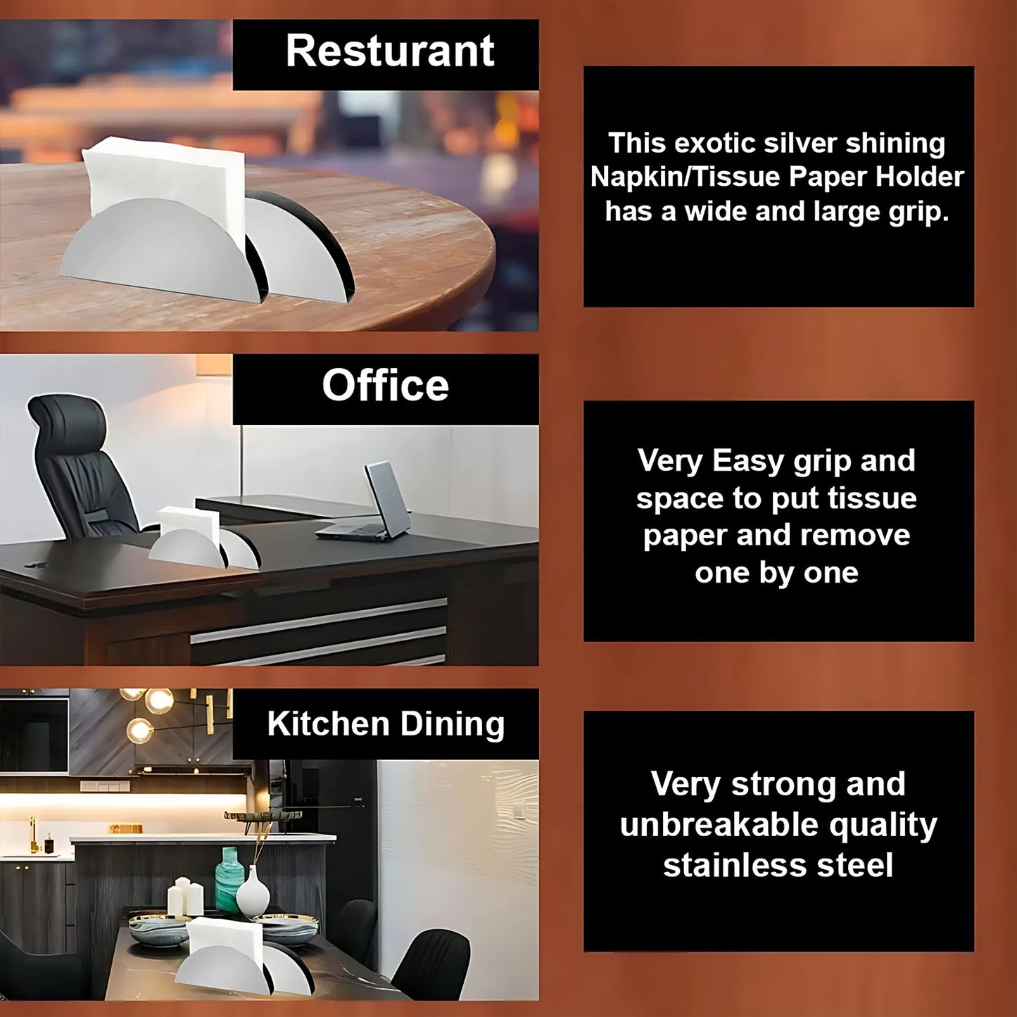 Stainless Steel Half Moon Napkin Holder Stand (1 Pc) - Modern Tabletop Tissue Dispenser