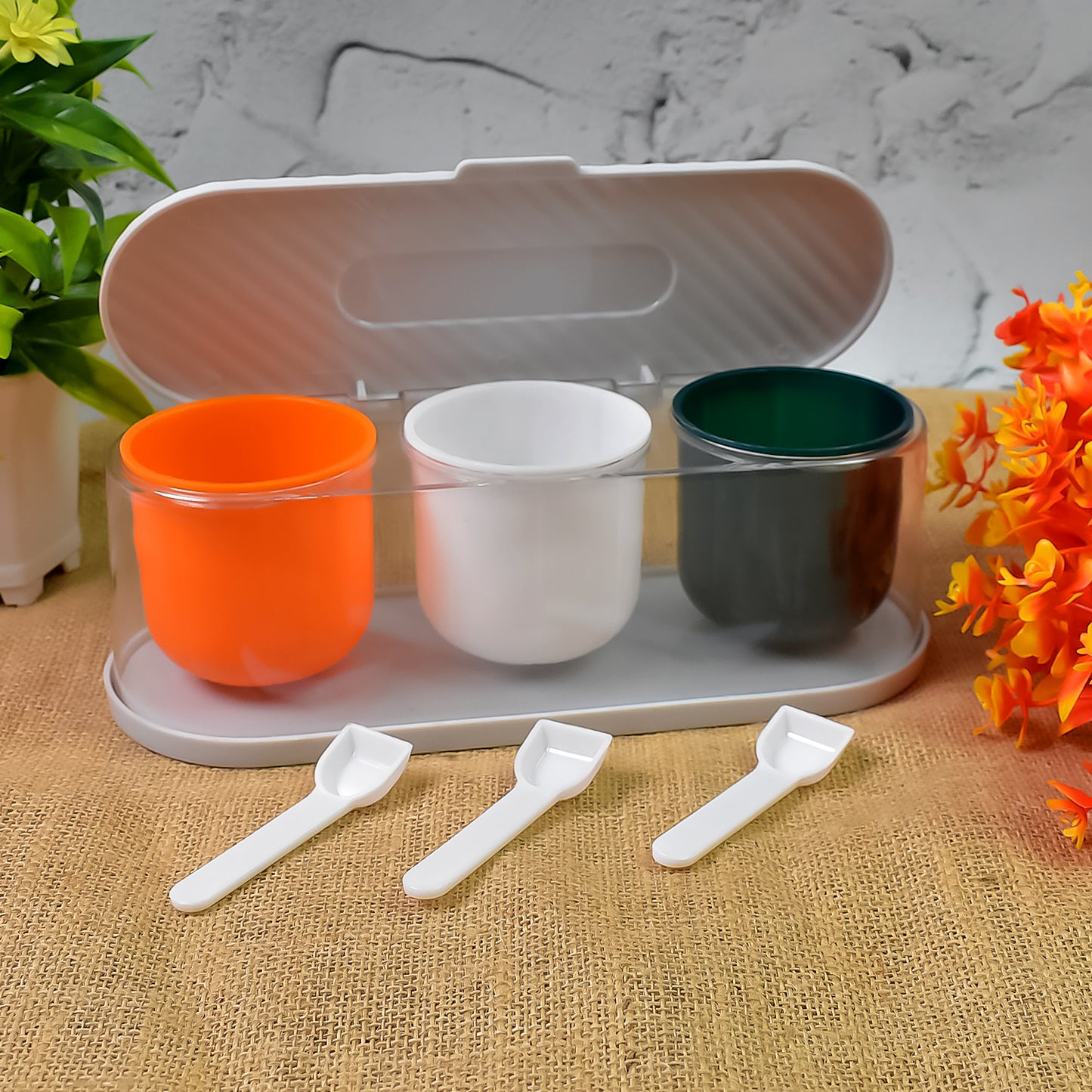 Home Kitchen 3 Grid Seasoning Spice  Masala Box Kit With Spoon (Multicolor  1 Set) - Happy Price - Image 2