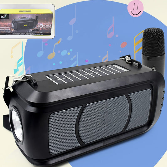 Wireless Bluetooth Speaker 5w High Bass With Wireless Mic  Microphone Led Torch Solar Charging Support Usb  Adjustable Strap (1 Set) - Happy Price - Image 1