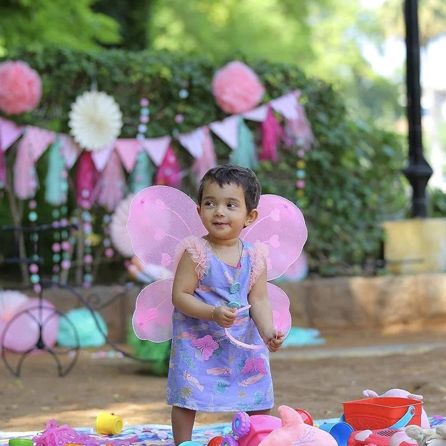 Baby Girls Fairy Nylon Butterfly Wings Costume Butterfly Fairy Angel Wing Wand And Hairband Multi- Color For Party (1pc) - Happy Price - Image 3