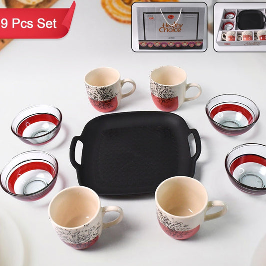 Healthy Choice Set Of 4pc Ceramic Cup And 4pc Glass Bowl With Plastic Plate (9 Pcs Set) - Happy Price - Image 1