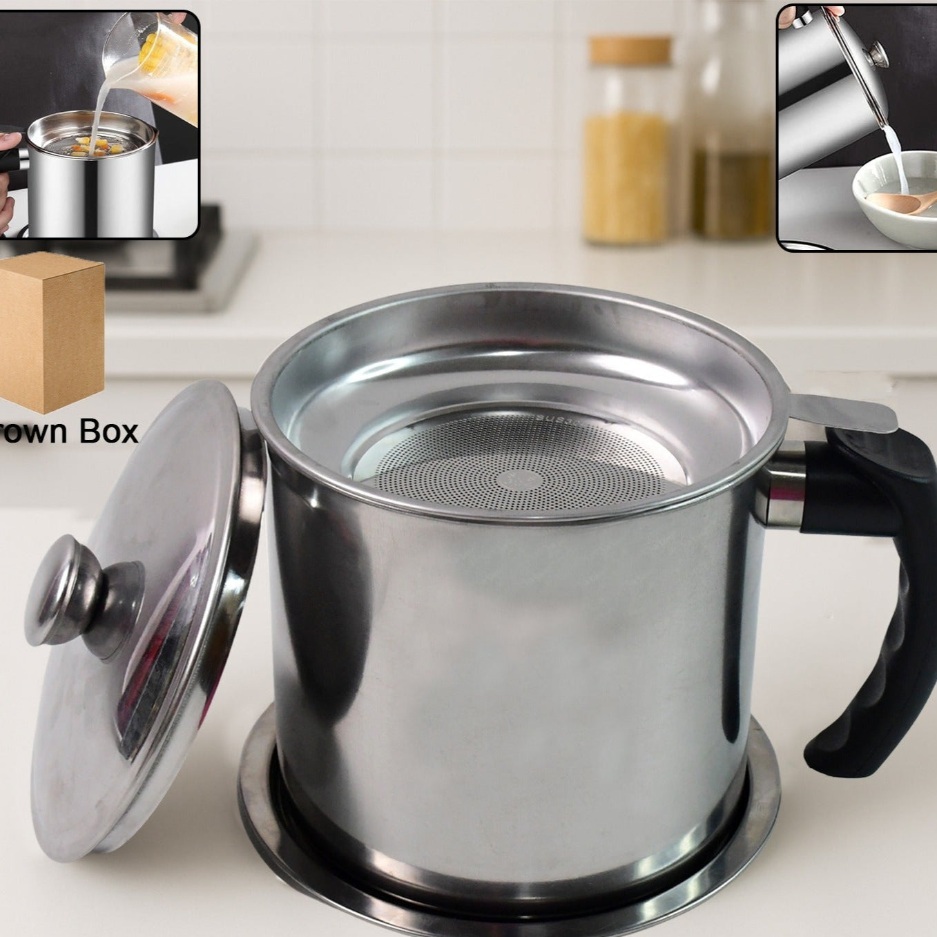 Stainless Steel Oil Strainer Pot with Lid and Filter Mesh - 1 Set