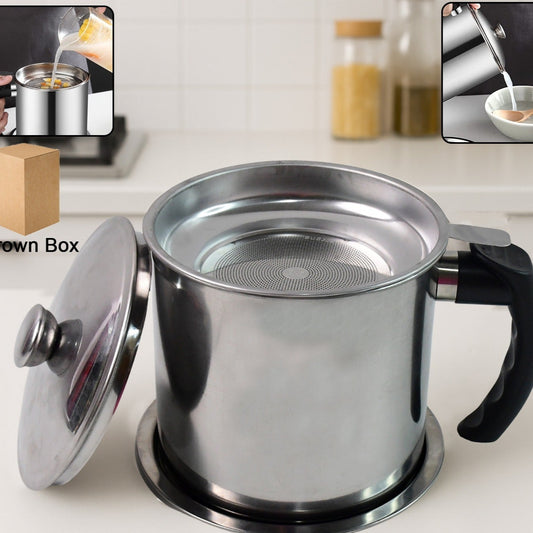 Stainless Steel Oil Strainer Pot with Lid and Filter Mesh - 1 Set