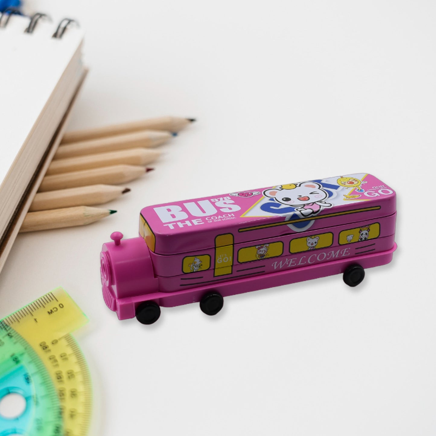 Double Decker Magic Bus Compass 2 Layer Metal Bus Compass Pencil Case With Movable Wheels  Sharpener Bus Shape With Tiers Metal Pencil Box For Kids Birthday Party - Happy Price - Image 3