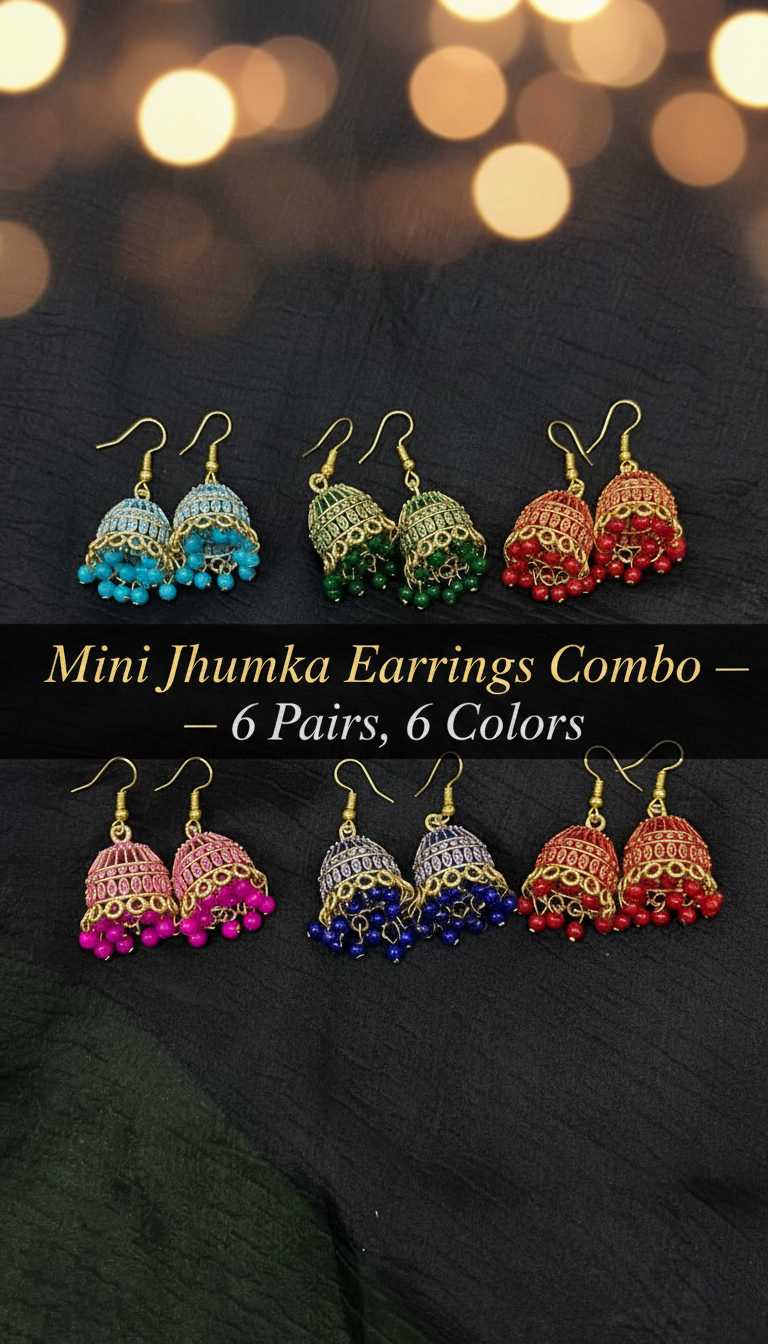 6-Pair Mini Jhumka Earrings Combo | Multicolor Gold-Tone Dome Drops