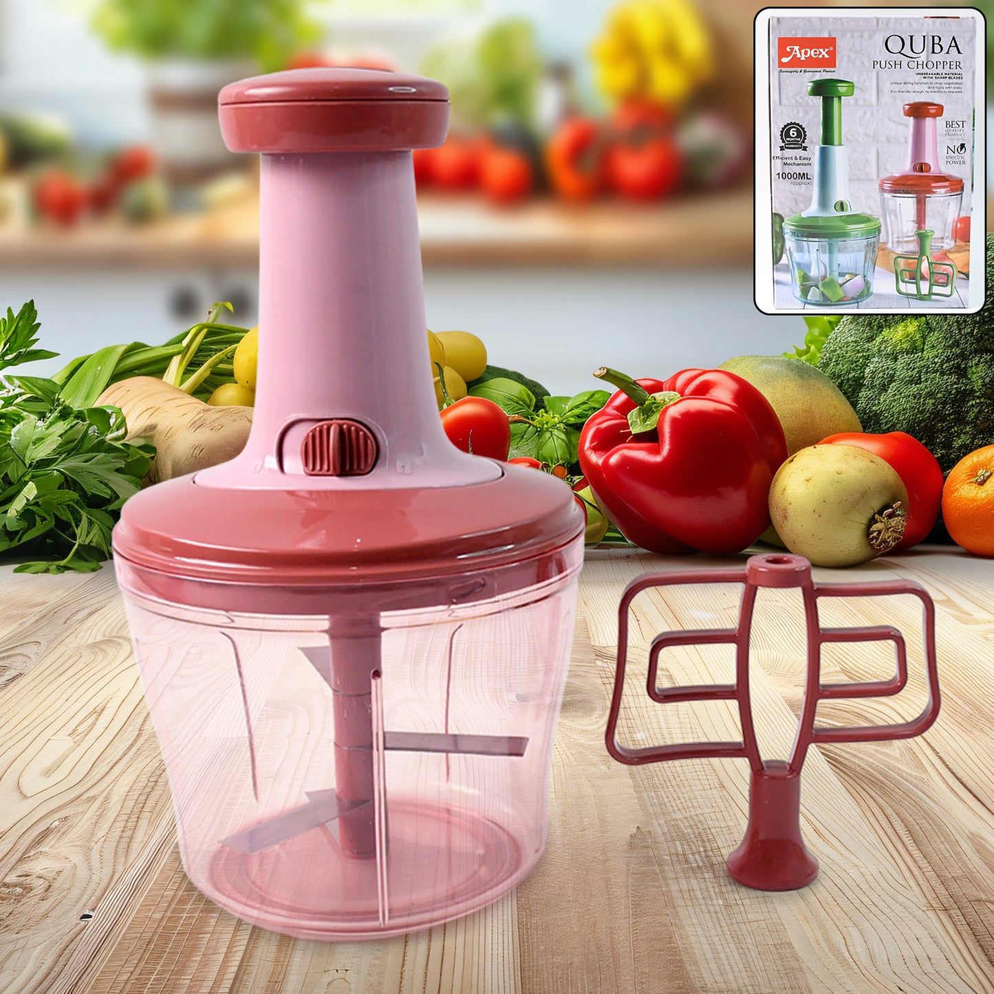Apex  Quba Push Chopper With Stainless Steel Blades (1000ml) - Happy Price - Image 2