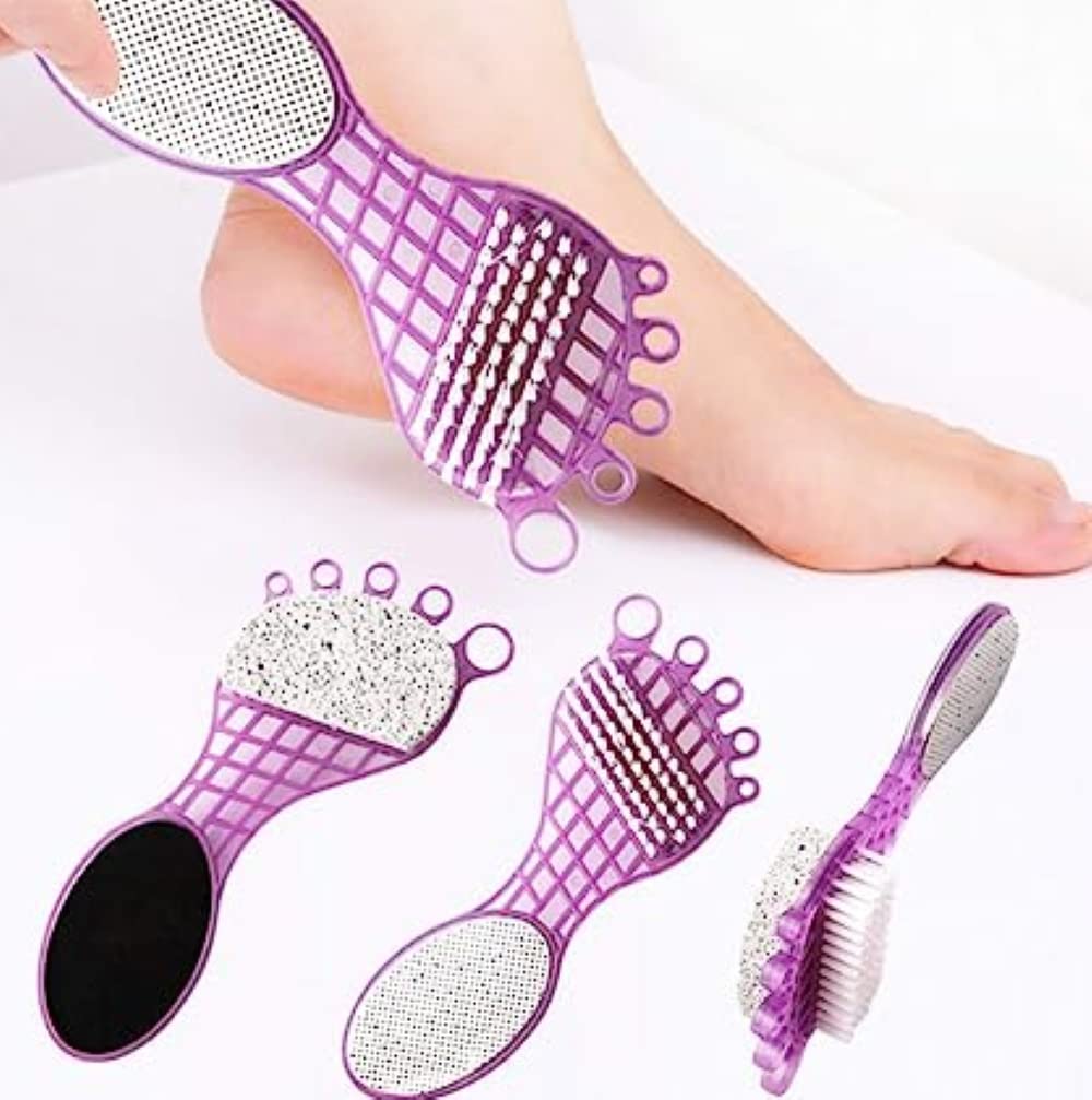 4 In 1 Pedicure Tool For Rough  Dry Feet Dual-sided With Pumice Stone Soft Brush Steel Scrubber  Emery File Softens Hard Foot Corns  Calluses Cleanses  Smoothens Dull Feet - Happy Price - Image 2