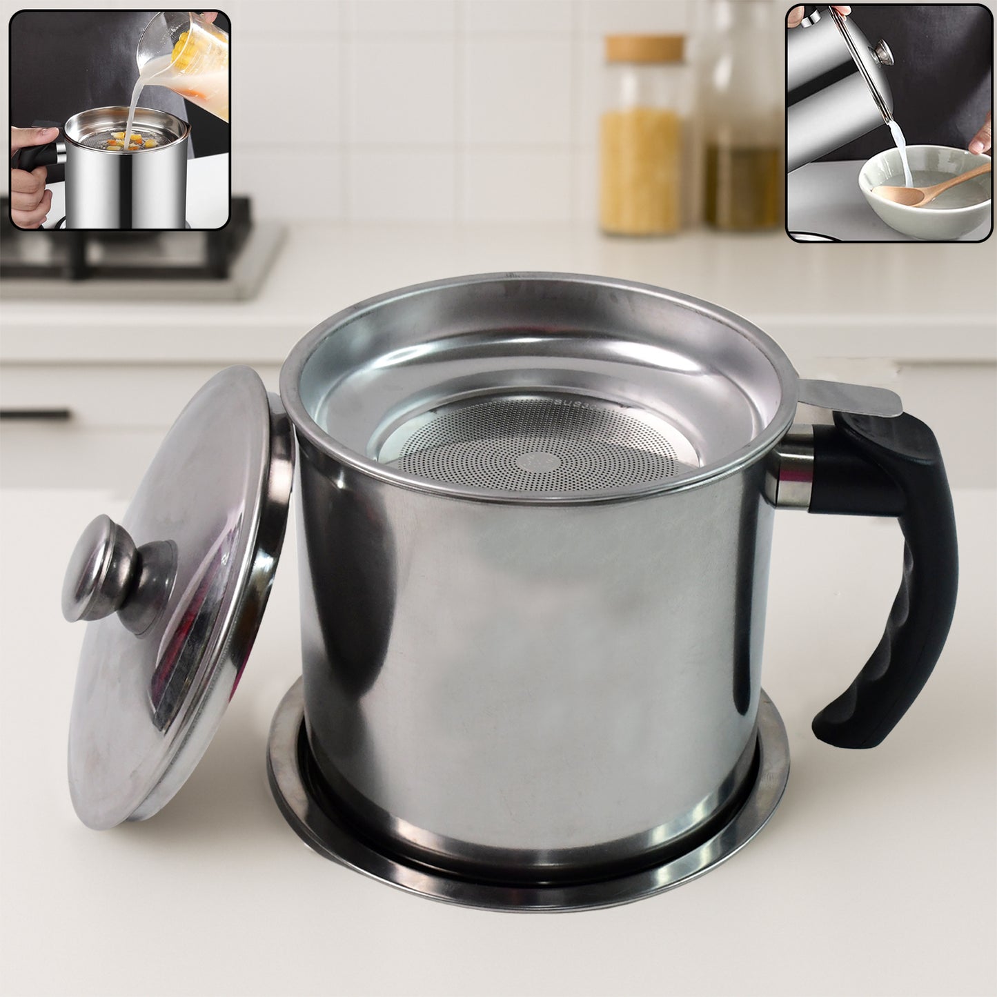 Stainless Steel Oil Strainer Pot with Lid and Filter Mesh - 1 Set