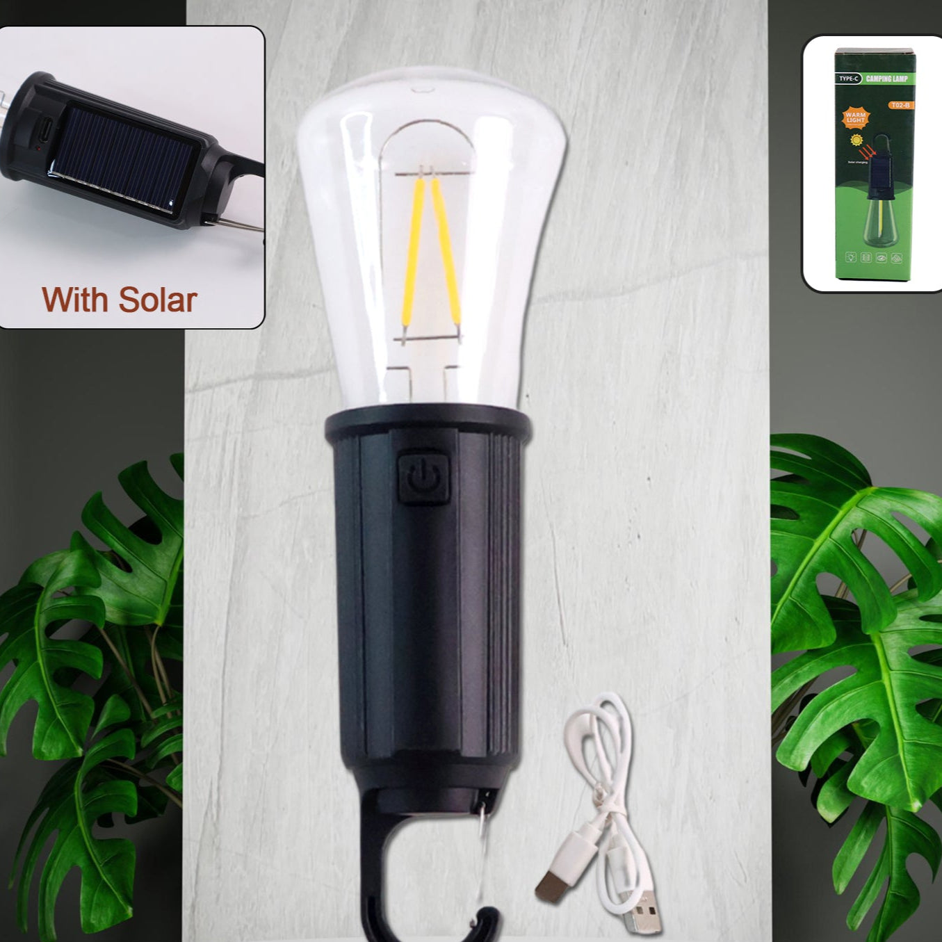 Solar  Usb Rechargeable Led Hanging Camping Bulb Lantern Light (1 Pc) - Happy Price - Image 1