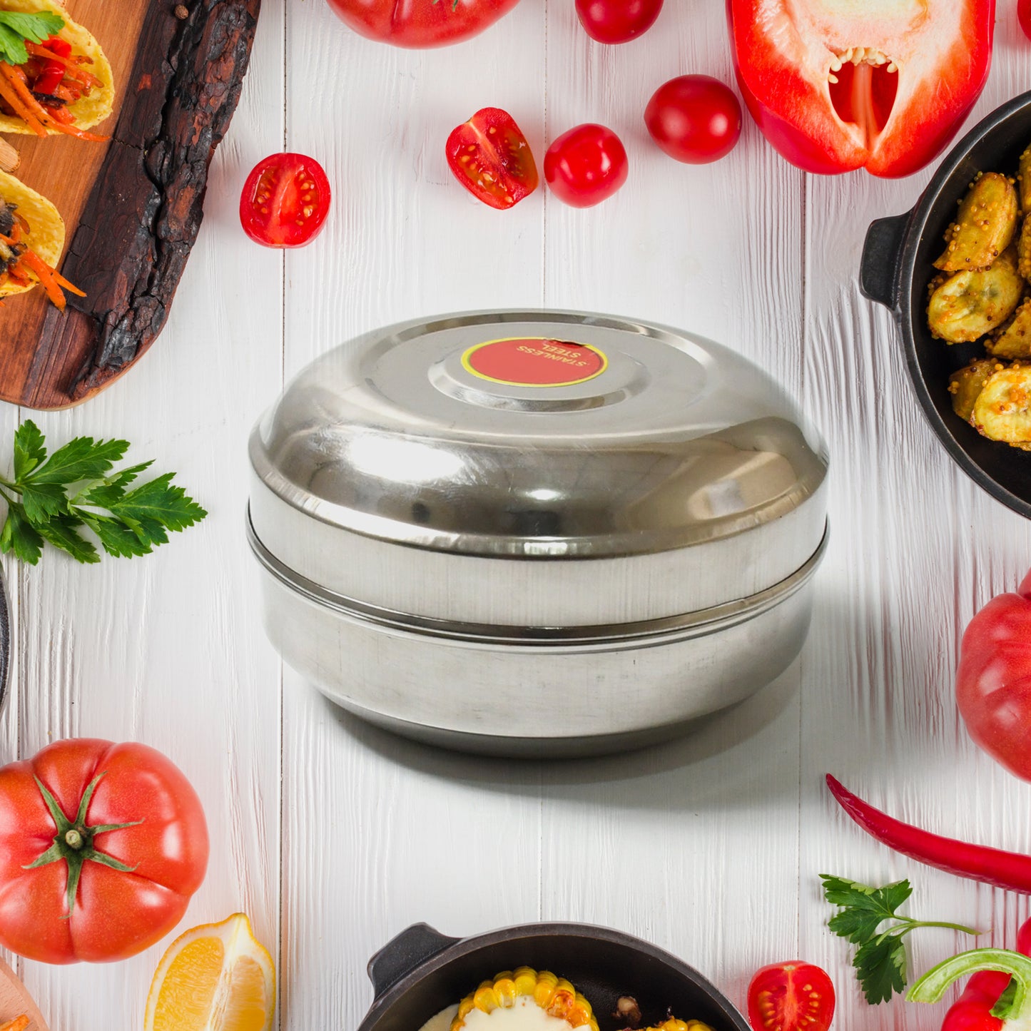 Multi-purpose Stainless Steel Round Shape Tiffin Box - Small Gift For Baby Girl And Baby Boy For Office School  Tuition  Picnic (Big) - Happy Price - Image 2
