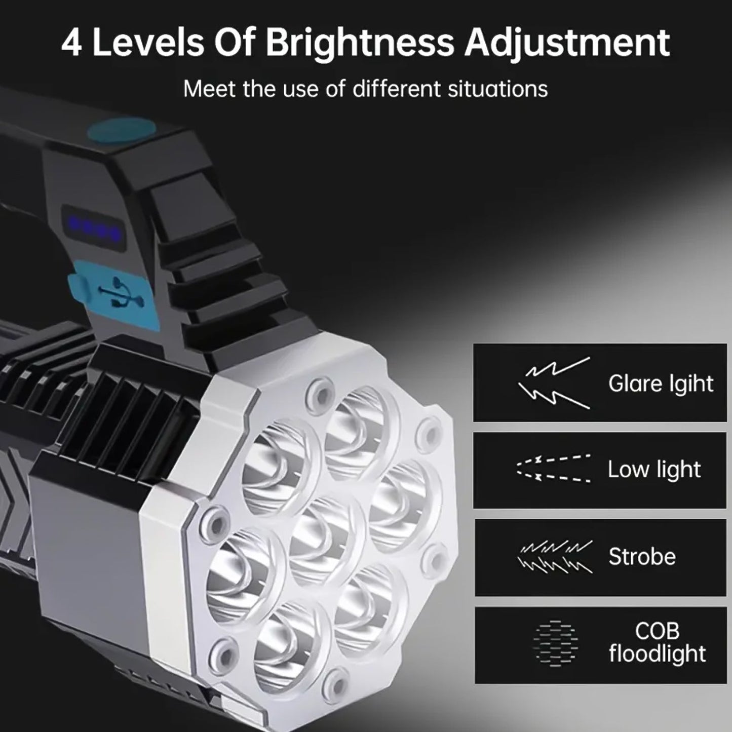 Portable Flashlight  Torch  Cob 7led Hand Light Usb Rechargeable Light With Side Light (1 Pc) - Happy Price - Image 3