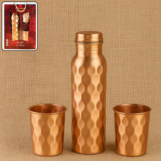 Diamond Cut Copper Water Bottle 2 Glasses With Gift Box (3 Pcs Set) - Happy Price - Image 1