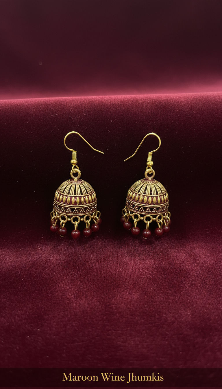 6-Pair Mini Jhumki Earrings Combo – Gold-Toned Enamel Dome Earrings with Bead Danglers