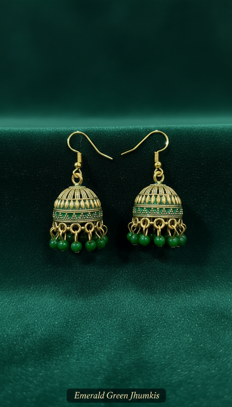 6-Pair Mini Jhumki Earrings Combo – Gold-Toned Enamel Dome Earrings with Bead Danglers