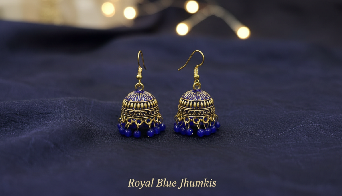 6-Pair Mini Jhumki Earrings Combo – Gold-Toned Enamel Dome Earrings with Bead Danglers