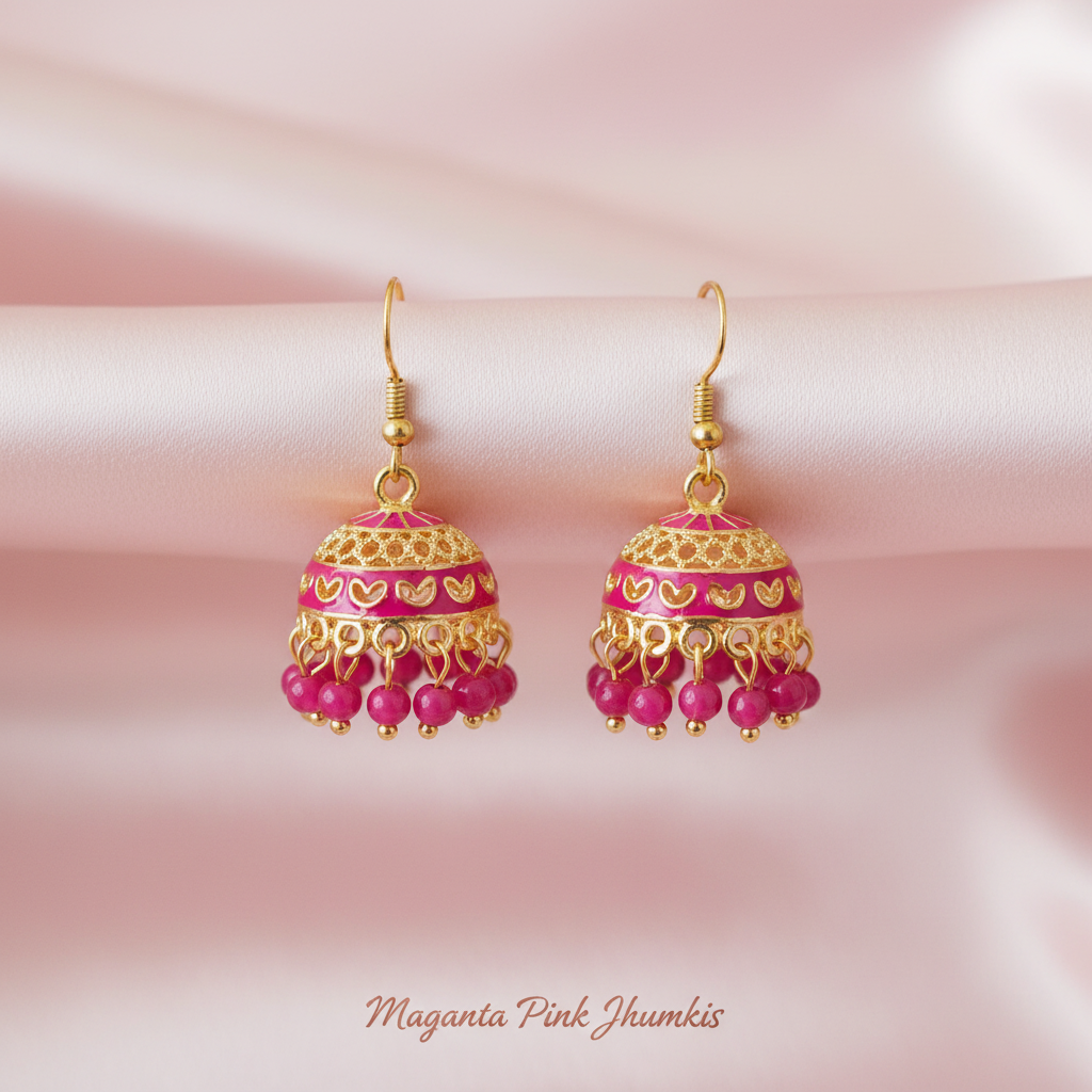 6-Pair Mini Jhumki Earrings Combo – Gold-Toned Enamel Dome Earrings with Bead Danglers