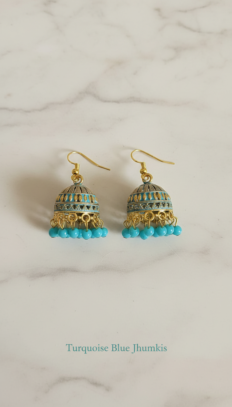 6-Pair Mini Jhumki Earrings Combo – Gold-Toned Enamel Dome Earrings with Bead Danglers