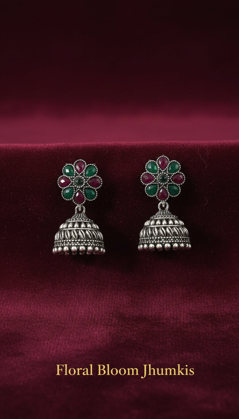 4-in-1 Oxidized Silver Jhumki Earrings Combo - Ethnic Stone-Studded Danglers
