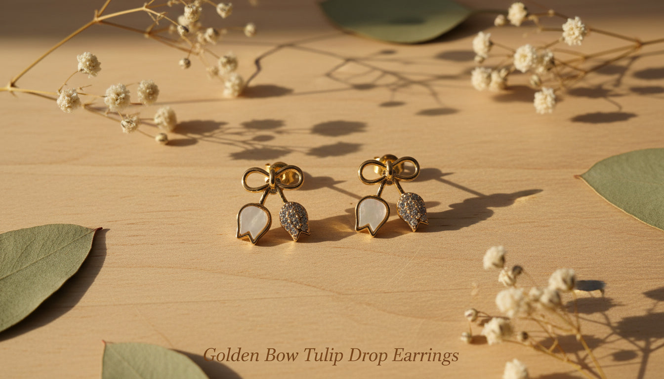 Bow Tulip Drop & Butterfly Stud Earrings - Combo of 2 Pairs