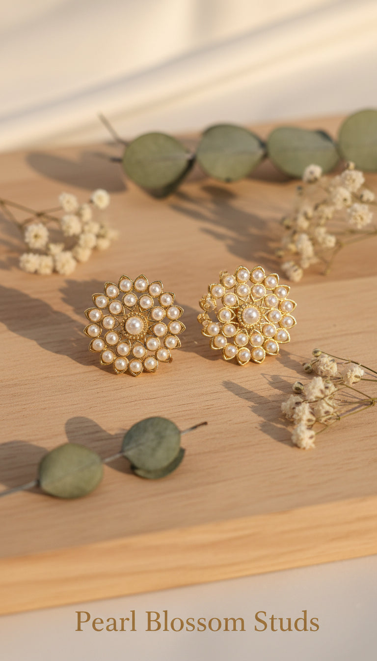 Pearl Blossom & Gold Leaf Stud Earrings Combo (Set of 2) | Gold-Toned Statement Studs