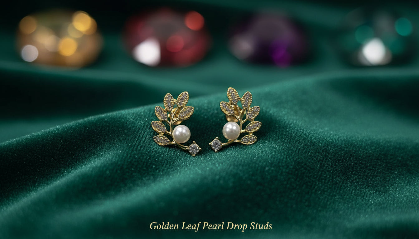 Pearl Blossom & Gold Leaf Stud Earrings Combo (Set of 2) | Gold-Toned Statement Studs