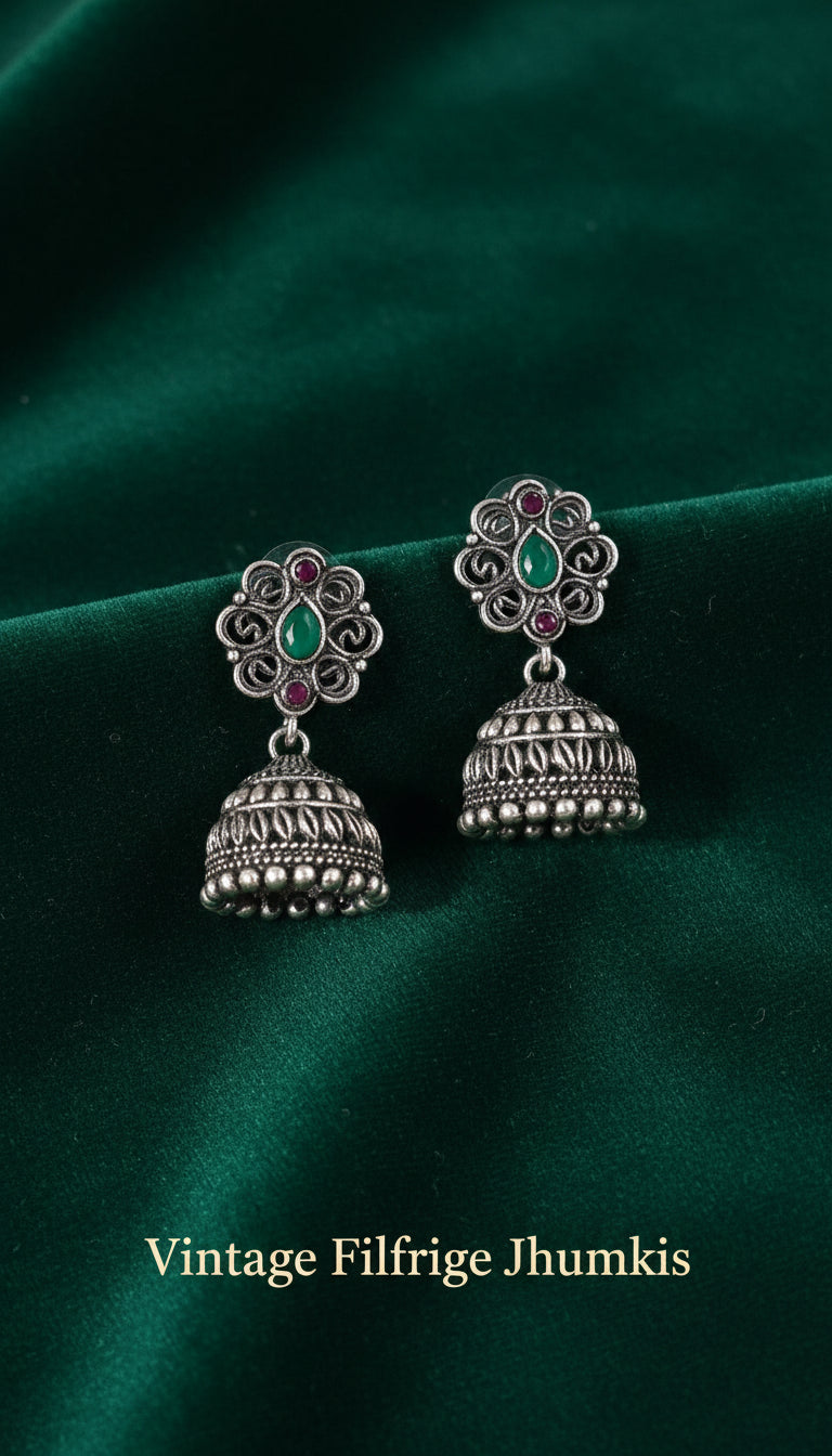 4-in-1 Oxidized Silver Jhumki Earrings Combo - Ethnic Stone-Studded Danglers