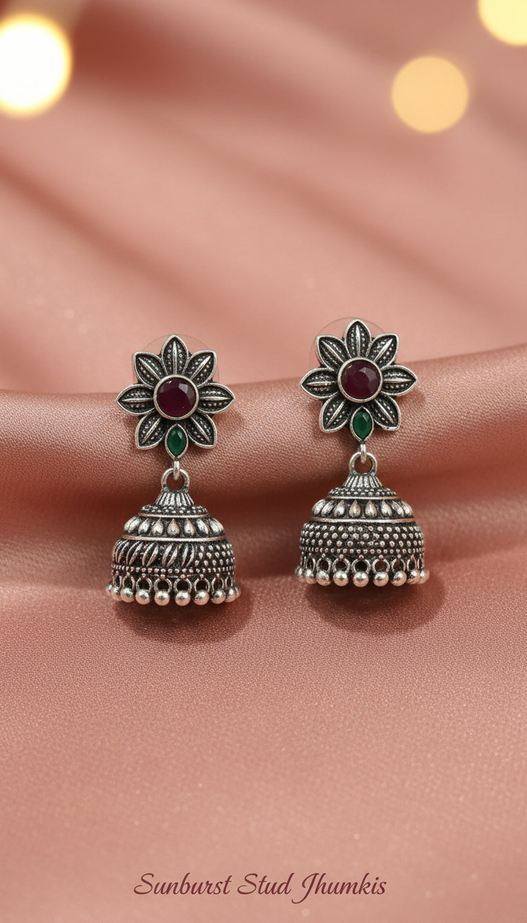 4-in-1 Oxidized Silver Jhumki Earrings Combo - Ethnic Stone-Studded Danglers