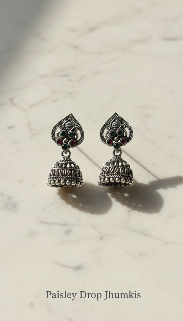 4-in-1 Oxidized Silver Jhumki Earrings Combo - Ethnic Stone-Studded Danglers