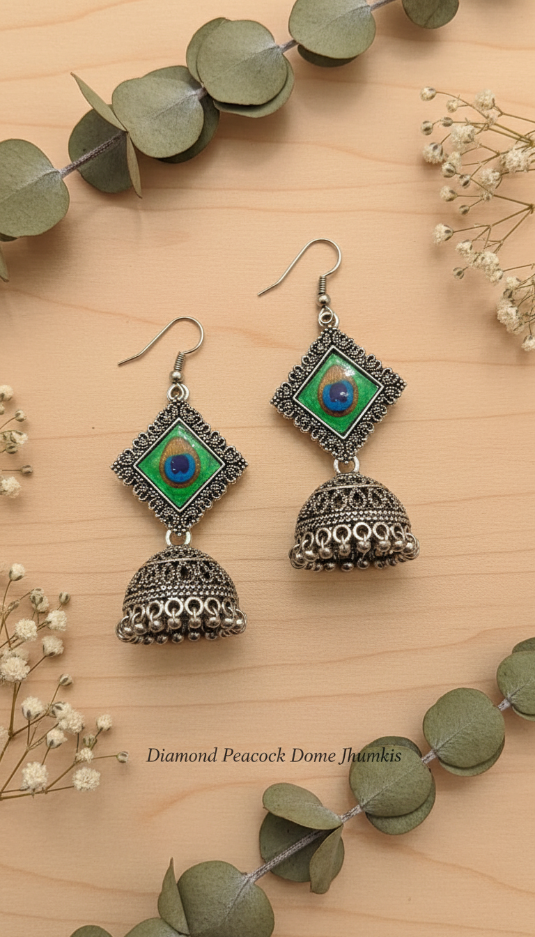 Peacock Feather Oxidized Silver Jhumka Earrings – Combo of 4