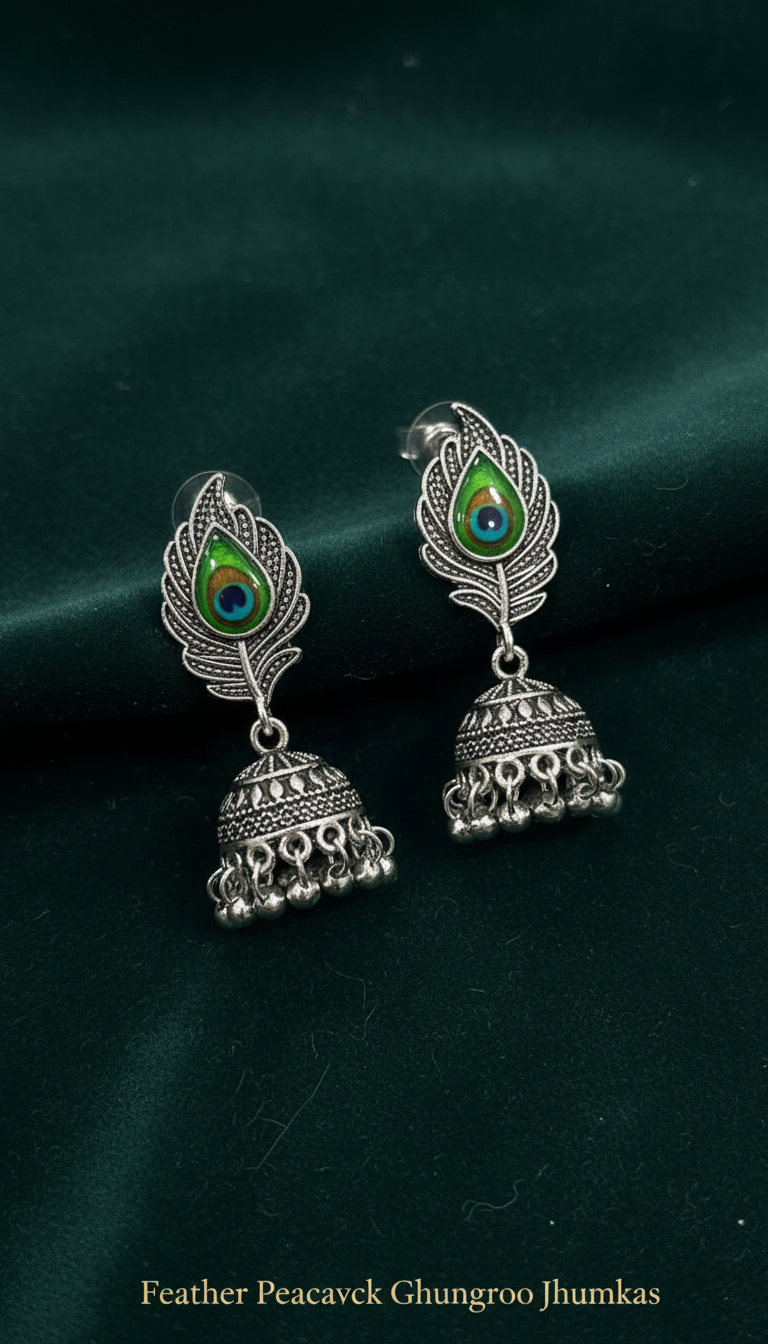 Peacock Feather Oxidized Silver Jhumka Earrings – Combo of 4