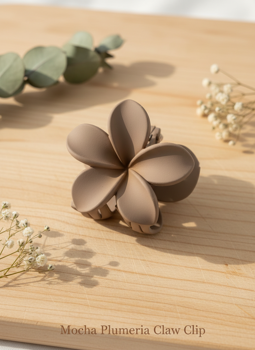 Matte Flower Hair Claw Clips – Set of 4 (Ivory Daisy, Mocha Plumeria, Noir Bloom, Dusty Blue Blossom)