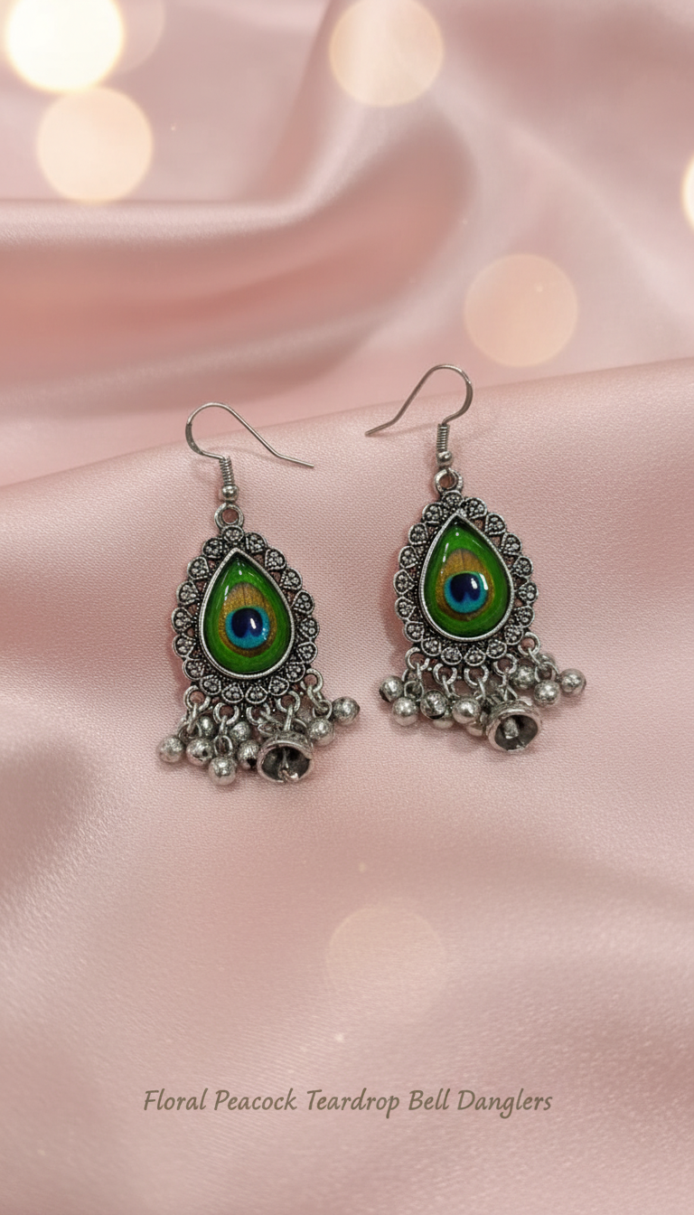 Peacock Feather Oxidized Silver Jhumka Earrings – Combo of 4