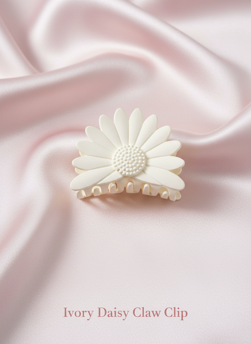 Matte Flower Hair Claw Clips – Set of 4 (Ivory Daisy, Mocha Plumeria, Noir Bloom, Dusty Blue Blossom)