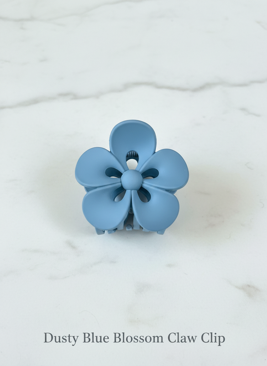 Matte Flower Hair Claw Clips – Set of 4 (Ivory Daisy, Mocha Plumeria, Noir Bloom, Dusty Blue Blossom)