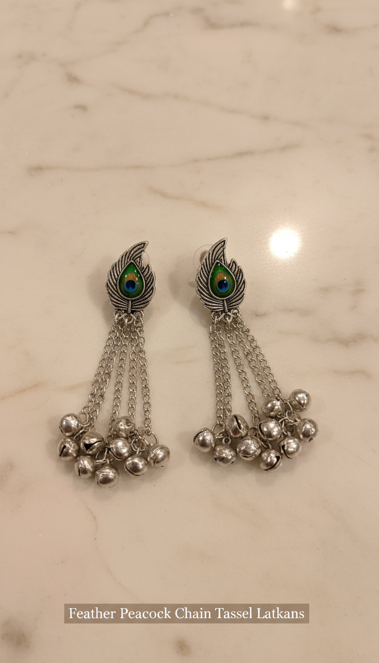 Peacock Feather Oxidized Silver Jhumka Earrings – Combo of 4