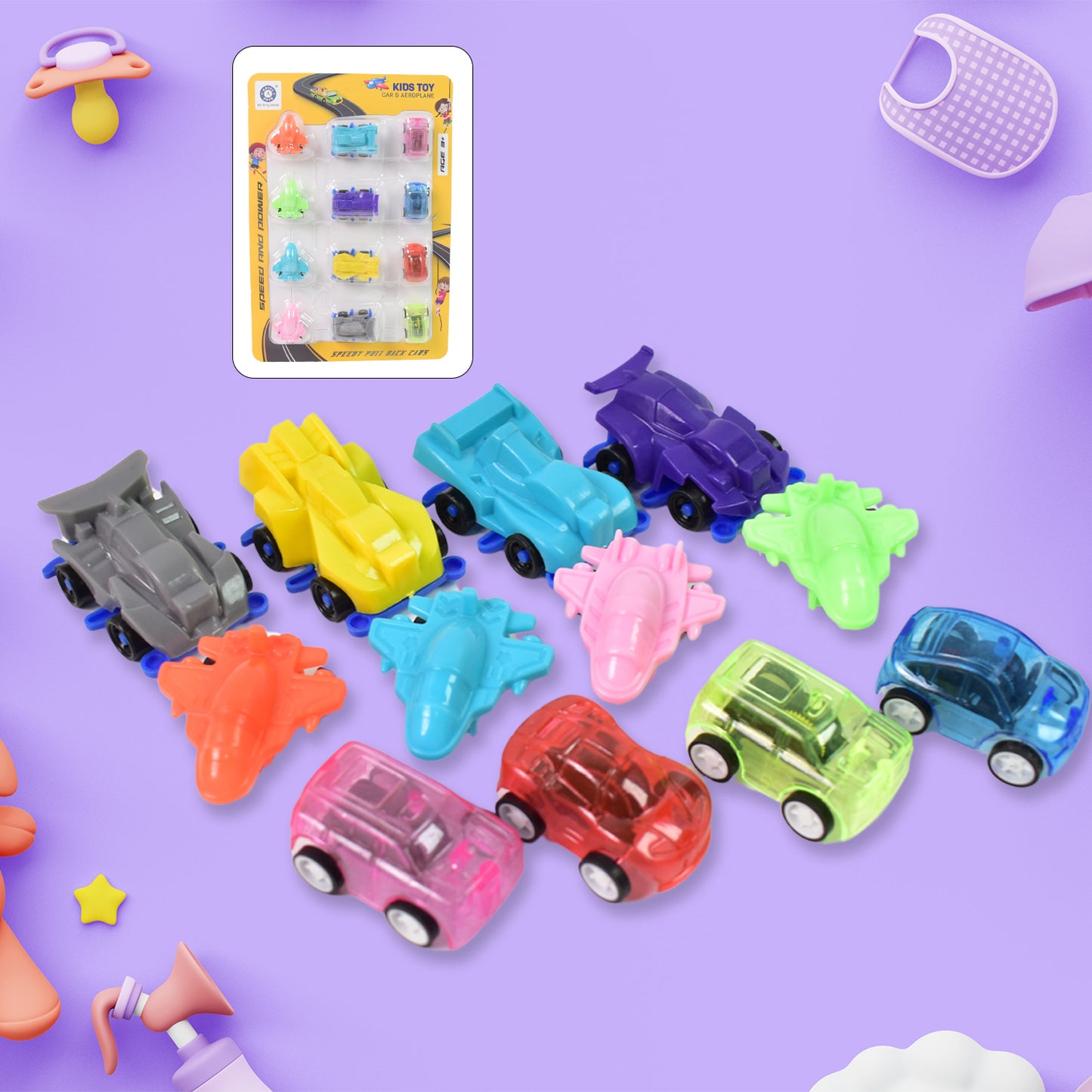 Mini Pull Back Car  Aeroplane Plastic Pull Back Car Cartoon Toys (12 Pcs Set) - Happy Price - Image 6
