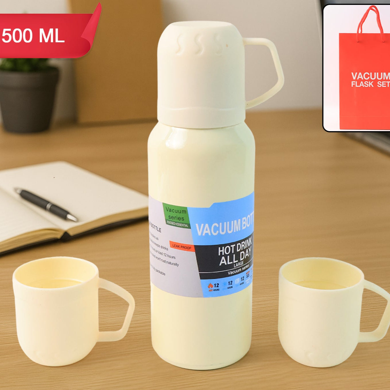 White Stainless Steel Vacuum Flask Set with 3 Cups - 500ml Capacity