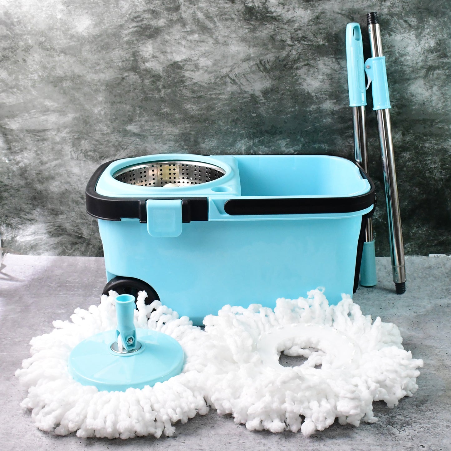 360 Spin Mop with 2 Super Absorbent Microfiber Heads & Wheels Bucket